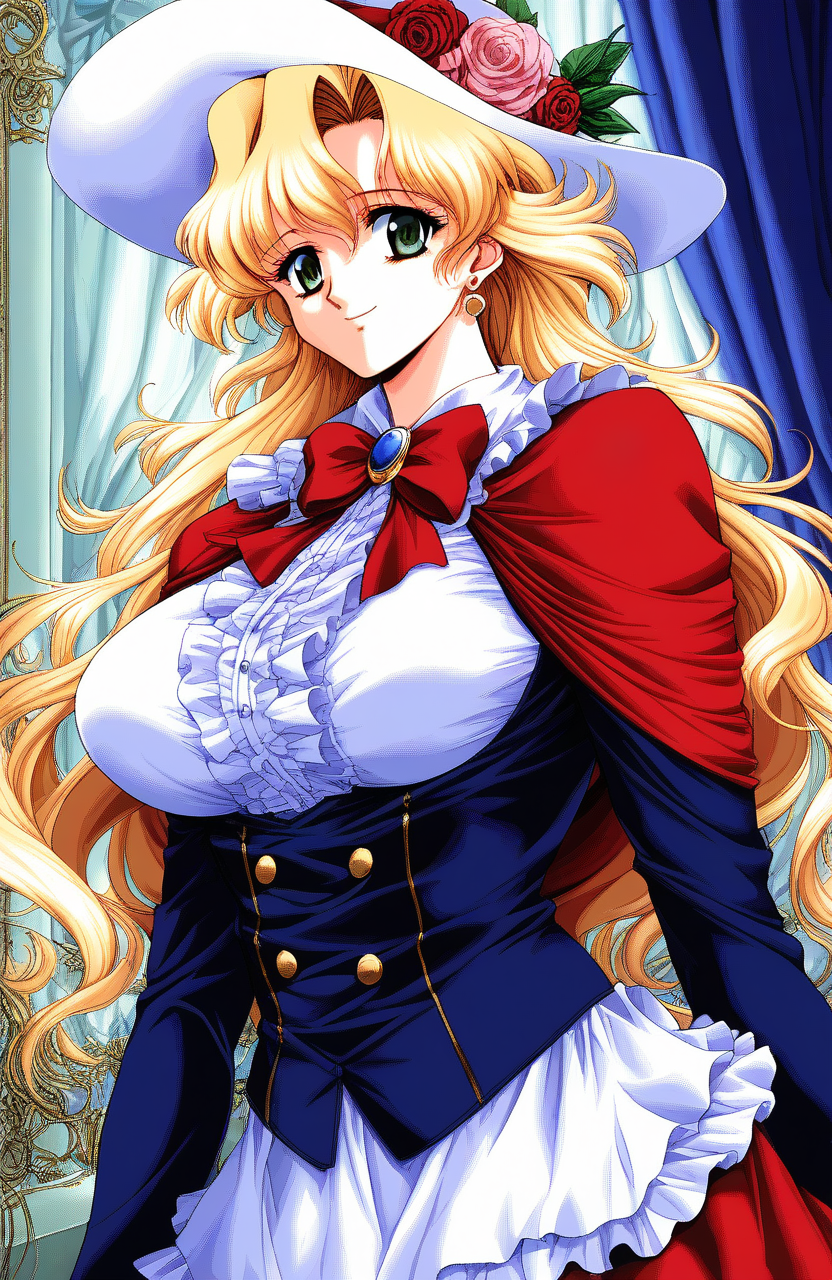 score_9, score_8_up, score_7_up, source_anime, rating_explicit, BREAK  <lora:Itou_Kaori_SHANGRLIA2_XL:1>Itou_Kaori, blonde hair, long hair, large breasts, earrings, green eyes,
1girl, hat, solo, flower, hat flower, game cg style,
bow, rose, cape, looking at viewer, smile, skirt, brooch, ribbon, long sleeves, frills, red skirt, curtains, shirt, red bow, 1990s (style), bowtie, dress