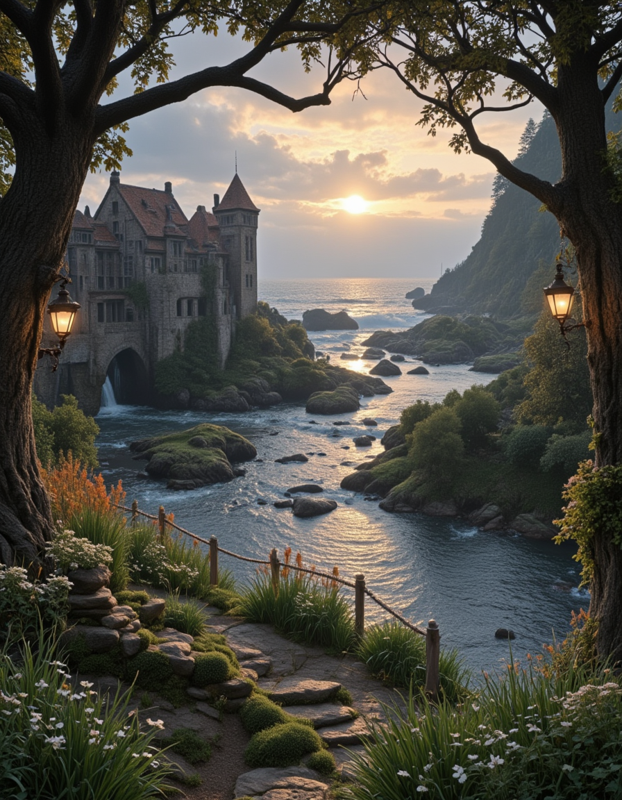 <lora:Medieval_Worlds_Special_fl:1> medieval, very detailed, river, moss, illuminated, lanterns, flowers, roots, grass, mw01out, realistic photo, bokeh, white, gold, T2, T8, green, fantasy, T10, landscape, rocks, tree, vegetation, moss, rough sea, waterfall, sunset, blue, orange, yellow, brown, mist, autumn,