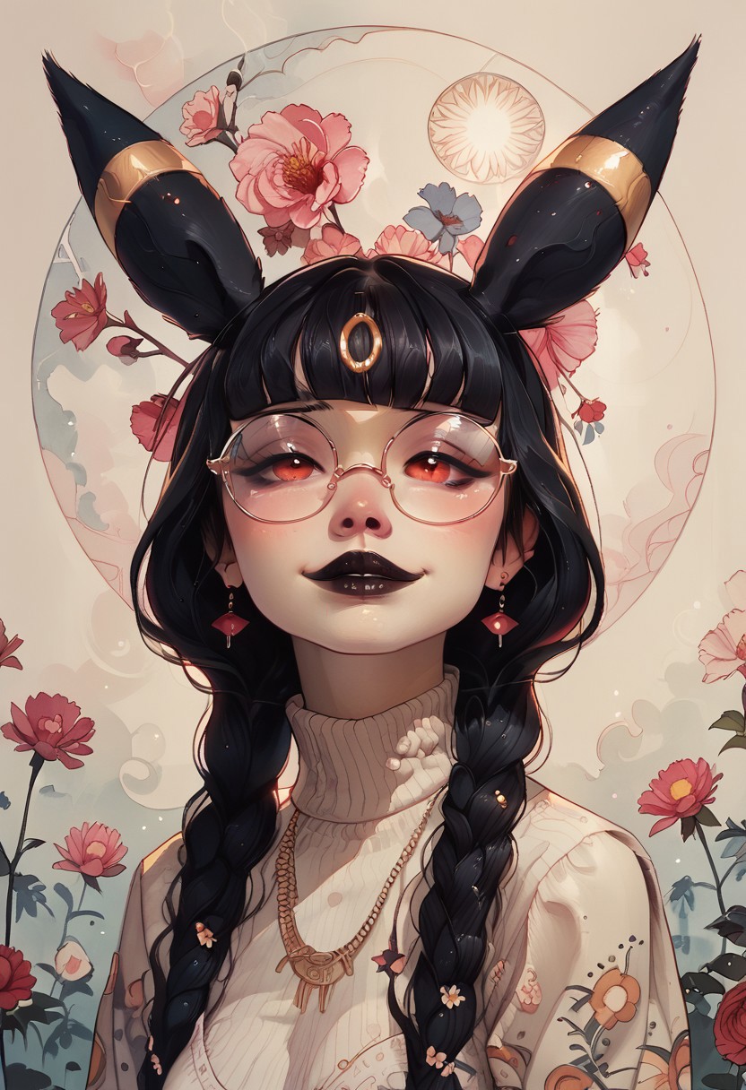 score_9, score_8_up, score_7_up, score_6_up, pastel, watercolor, floral, ArsMJStyle, Art Nouveau, Fl0ralD0lls,
black hair, blunt bangs, long braids,
cute, female, 1girl, black lipstick,
in a flowery meadow, 
umbreon pokemon, umbreon girl, swirling smoke,
large sagging breasts,
white knitted cropped sweater,
Smiling, round glasses,