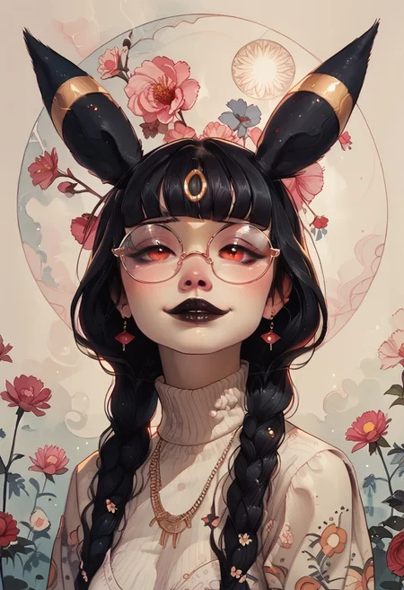 score_9, score_8_up, score_7_up, score_6_up, pastel, watercolor, floral, ArsMJStyle, Art Nouveau, Fl0ralD0lls,
black hair, blunt bangs, long braids,
cute, female, 1girl, black lipstick,
in a flowery meadow,
umbreon pokemon, umbreon girl, swirling smoke,
large sagging breasts,
white knitted cropped sweater,
Smiling, round glasses,