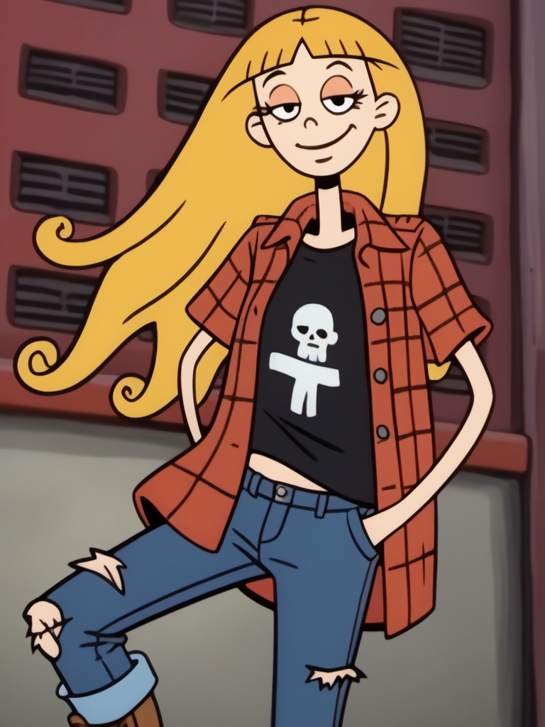 score_9, solo, 1girl, brepa1, long hair, blonde hair, grunge, uninterested, slight smile, half closed eyes, mascara, looking at viewer, collared unbuttoned red flannel shirt with black t-shirt underneath, ripped jeans, hands in pants pockets, standing, leaning back, ear pricings, combat boots, official style, outdoor rock concert, <lora:brepa1:1>,