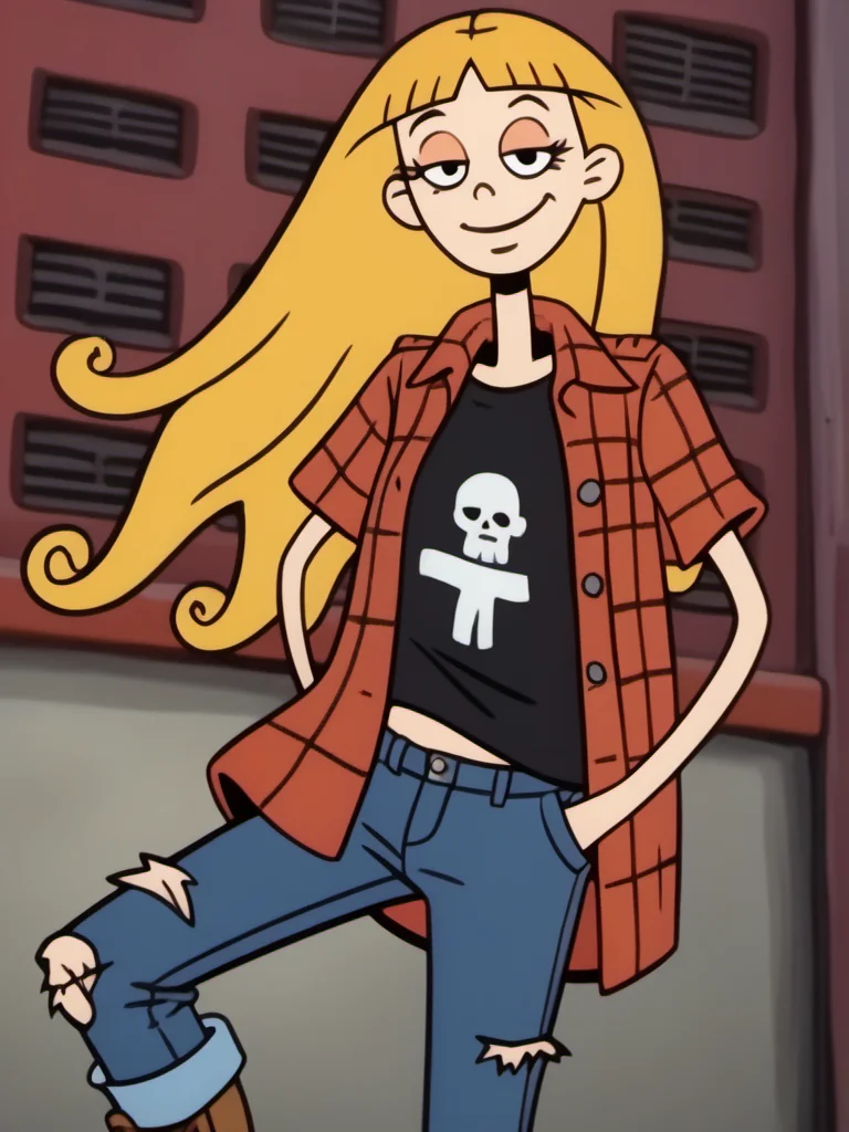 score_9, solo, 1girl, brepa1, long hair, blonde hair, grunge, uninterested, slight smile, half closed eyes, mascara, looking at viewer, collared unbuttoned red flannel shirt with black t-shirt underneath, ripped jeans, hands in pants pockets, standing, leaning back, ear pricings, combat boots, official style, outdoor rock concert, <lora:brepa1:1>,