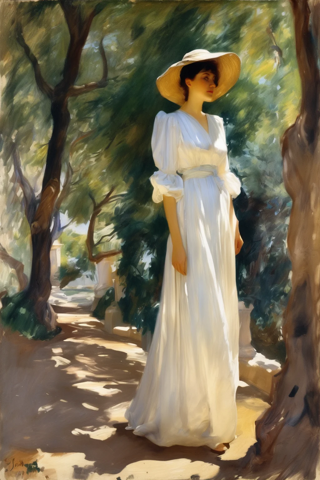 John Singer Sargent Style - a painting of woman in a white dress standing in dappled shade under Mediterranean trees in the style of John Singer Sargent