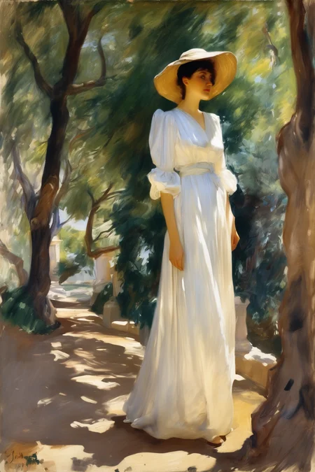 John Singer Sargent Style - a painting of woman in a white dress standing in dappled shade under Mediterranean trees in the style of John Singer Sargent