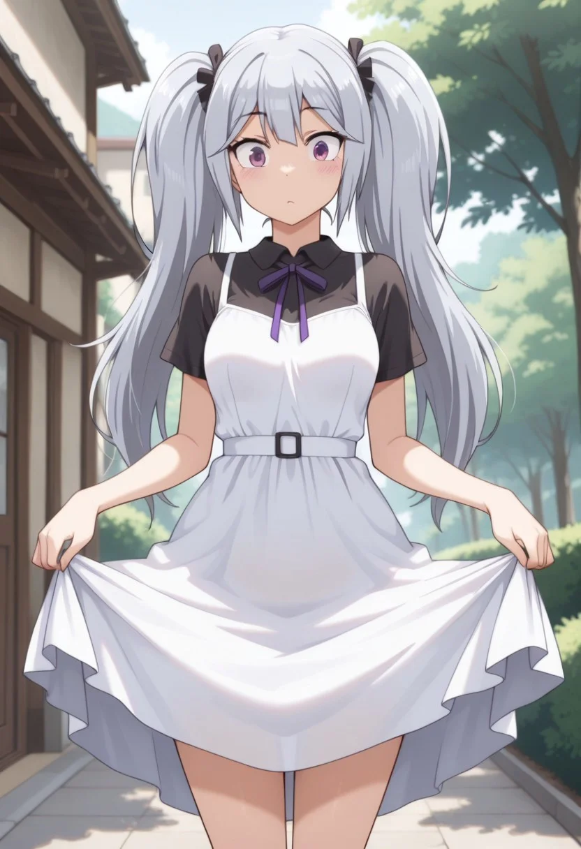 masterpiece,best quality,amazing quality, sakai tama, purple eyes, long hair, grey hair, twintails, 1girl, solo, dress, outdoors