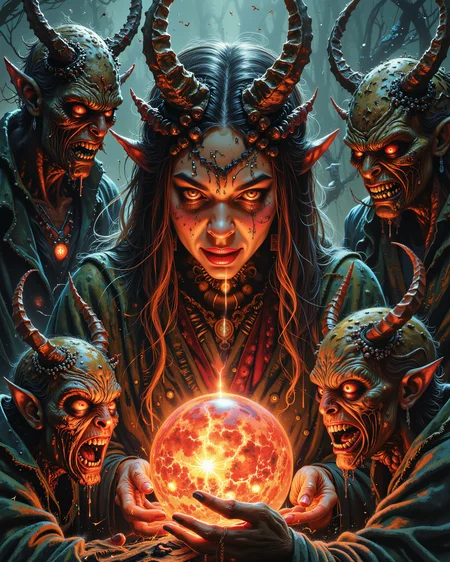 sp00k1h0rr0r, art by Rafael Zabaleta and Georges de La Tour, a group of demons chinosed in colorful costumes gather around a large, glowing orb. The girl's eyes are closed as she takes a deep breath and begins to sing with joy. Her face is contorted in fear as the sound of music fills her mind. in focus, Simple and clean, detailed textures, incredible, intense quality<lora:Horror\Spooky_Horror.safetensors:0.9:0.9> <lora:Merge\best_of_flux_v30_rank64_bf16-step01750.safetensors:0.55:0.55>