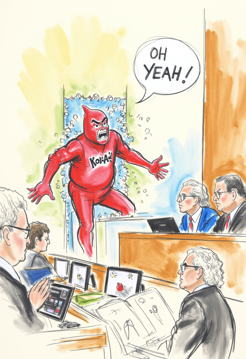<lora:Courtroom_Sketch_Style_FLUX-000013:1>
This is a detailed, hand-drawn courtroom scene in a sketchy, watercolor style depicting the Kool-aid man breaking through a wall with the speech bubble: "OH YEAH!"