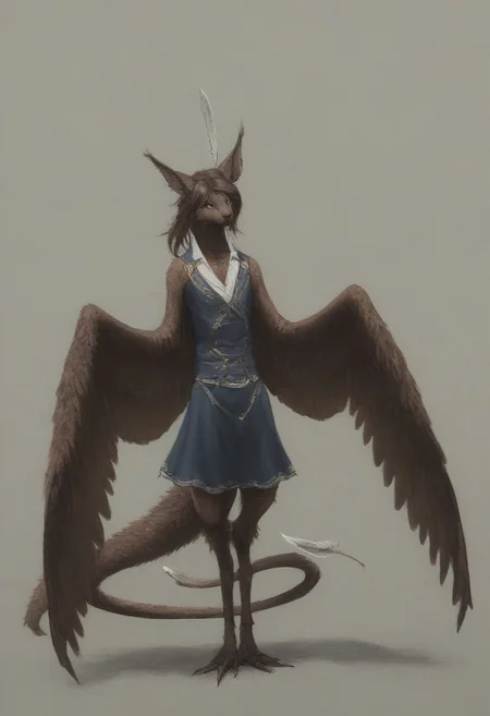 [creature name: Palagiri]
1 person, harpy, ((no arms, wings only)):1.6, androgynous, flat chest, no breasts, anthro, ((long hair)), ((long toes, nimble toes, handfeet)):1.4,, dynamic pose, detailed face, fully clothed, pelvic curtain skirt, feline features, feline nose, feline ears, ((thick tail, tapering tail, feather tipped tail)), harpy:1.2, large wings, digitigrade legs, rating: safe