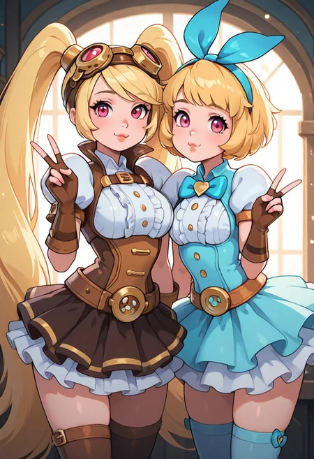 masterpiece, best quality, curvy, beautiful eyes, narrow waist, wide hips, smile, looking at viewer, dynamic angle, foreshortening, close up,     k4w4iim1r41, cute outfit, pastel clothes,  
(2girls:1.1), 
zzLayla, twintails, blonde, blonde hair, long hair, very long hair, red eyes, goggles, goggles on head, gloves, thighhighs, skirt, short sleeves, fingerless gloves, puffy sleeves, brown gloves, puffy short sleeves,
side by side, hug, 
angelamobile, looking at viewer, short hair, blonde hair, gloves, long sleeves, bow, ribbon, long hairband, bowtie, pink eyes, blue bow, brown gloves, pink clothes, puffy lips, v, joints,