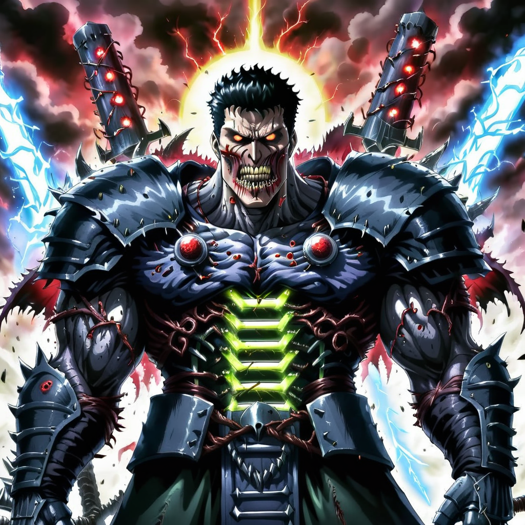 2d,anime,a cybermutant guts \(berserk\) with cybernetic enhancements and glowing tubes preparing to berserk as he yells "its berserking time!",  <lora:Fleshmutant_R2-000003:0.8>
