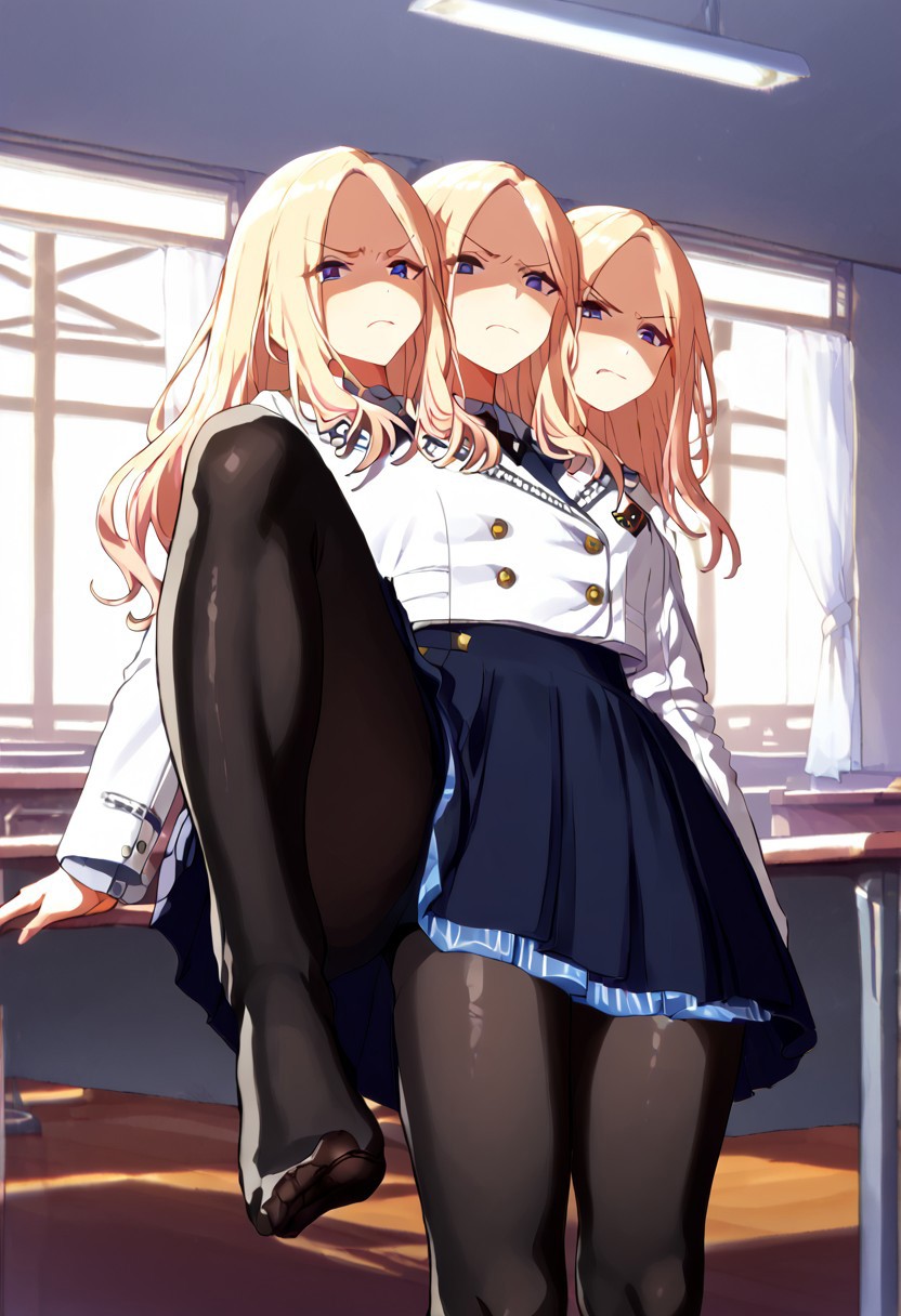 (((1girl))), ((8arms, three heads, six legs, trileg)),  score_9, score_8_up, score_7_up, score_6_up, score_5_up, score_4_up, shiny skin, leg focus, juosena, (((black pantyhose))), fully clothed, casual, leaning,( from below), thick thighs , one leg up, feet toward viewer , stepping the viewer,six legs, trileg, ((disgusted face)) , shaded face,indoors , classroom, [shadows], light rays, Expressiveh