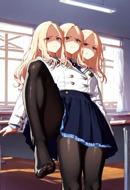 (((1girl))), ((8arms, three heads, six legs, trileg)),  score_9, score_8_up, score_7_up, score_6_up, score_5_up, score_4_up, shiny skin, leg focus, juosena, (((black pantyhose))), fully clothed, casual, leaning,( from below), thick thighs , one leg up, feet toward viewer , stepping the viewer,six legs, trileg, ((disgusted face)) , shaded face,indoors , classroom, [shadows], light rays, Expressiveh