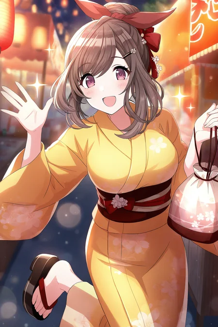 <lora:TsukiokaKogane:0.8>, Tsukioka Kogane, 1girl, japanese clothes, kimono, yellow kimono, sash, hair ornament, sandals, smile, holding, obi, open mouth, hair bun, solo, bag, looking at viewer, bow, wide sleeves, yukata, dutch angle, zouri, hairclip, hair bow, outdoors, standing on one leg, animal print, :d, waving, standing, single hair bun, market stall, holding bag, summer festival, blurry background, print kimono, lantern, long sleeves, depth of field, paper lantern, light particles, okobo, sparkle, red bow, blush