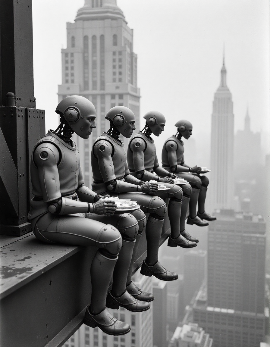 photo of a group of bipedal robot workers taking a lunch break, sitting on a steel beam high above the city, construction of skyscraper, 1910, very old photo