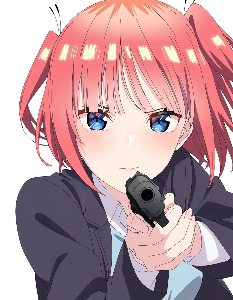 masterpiece, best quality, newest, absurdres, highres, safe,, <lora:nino-nakano-honeymoon-ponyxl-lora-nochekaiser:1>, nino nakano, short hair, bangs, blue eyes, large breasts, pink hair, blunt bangs, side ponytail, one side up, anime screencap, <lora:center-axis-relock-stance-illustriousxl-lora-nochekaiser:1>, center axis relock stance, looking at viewer, holding, closed mouth, weapon, holding weapon, gun, holding gun, handgun, aiming, finger on trigger, aiming at viewer, m1911,, ,