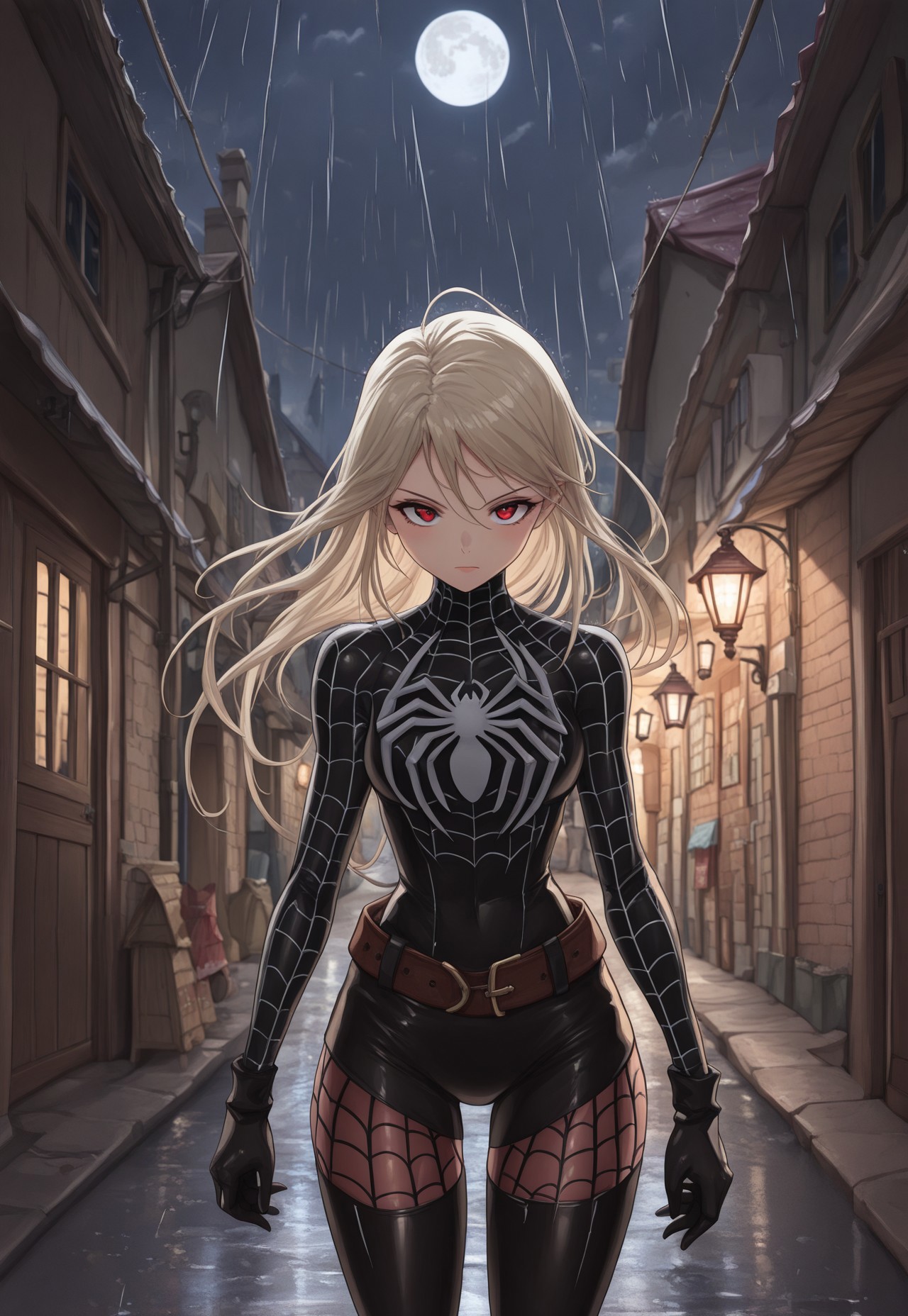 (((score_9, score_8_up, score_7_up, bold, boldy, 3/4 body)))
, 
((( masterpiece, complicated shadows, high quality shadows, very detailed )))
,
((( Gwestamb, long hair)))
,
(((  )))
,
((( 1girl, solo)))
,
((( Moon, night sky, rain ))) 
,
((( Outdoors, night, deep dark, town alley, outdoor town lamplighters)))
,
((( Spider web print)))
,
((( )))
,
()