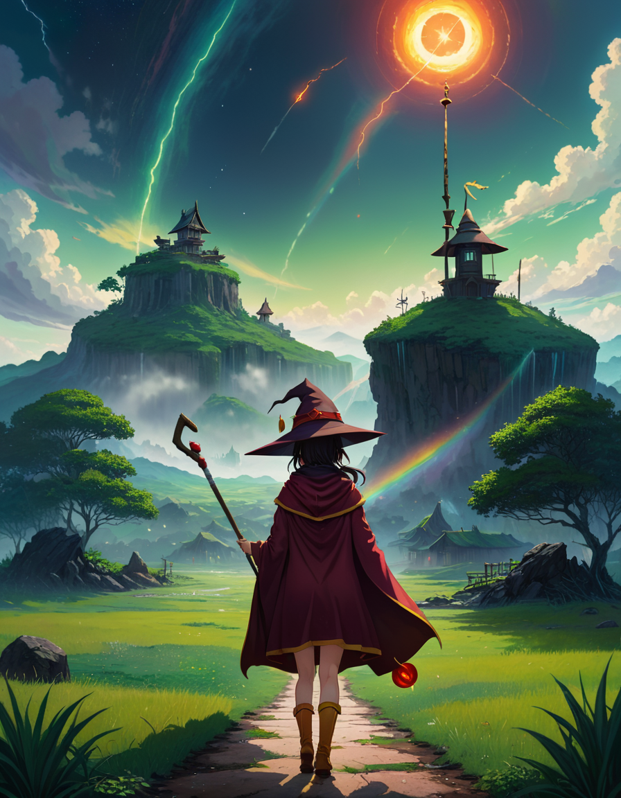 Color Field Painting 1girl megumin with witch hat and cape and one staff, from behind, facing away , 
outside Sustainable, Green Courthouse in Floating Islands, Hailstorm Weather Tranquil sky at Morning light
 <lora:MeguminXL_v2.5:1>, <lora:SDXL - Wrong:1>, ZIP2D , abstract, simple, geometic, color field painting style