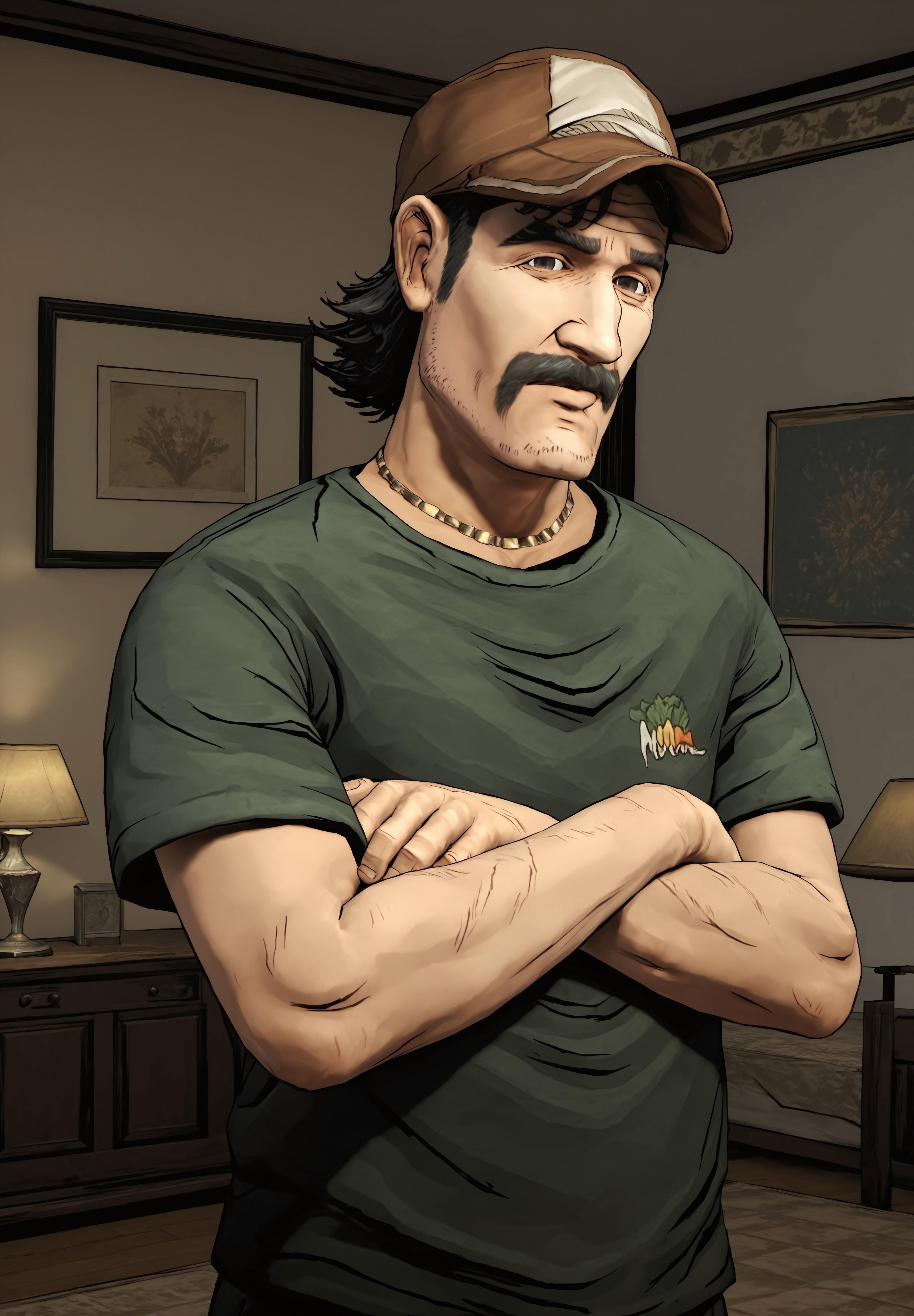 safe_pos, safe_pos, safe_pos, score_9, score_8_up, rating_nsfw, ultra hd, absurdres, best quality, masterpiece, masculine, solo, 1male, male focus, best anatomy, best eyes, best hands, sexiest man alive, erotic, gay porn, hand with five fingers, mature male,

TWDGKennyS1, TWDGKennyHandlebarMustache, TWDGKennyHat, facial hair, necklace, hat, green shirt, motel background, looking at viewer, arms crossed, dutch angle, best lighting