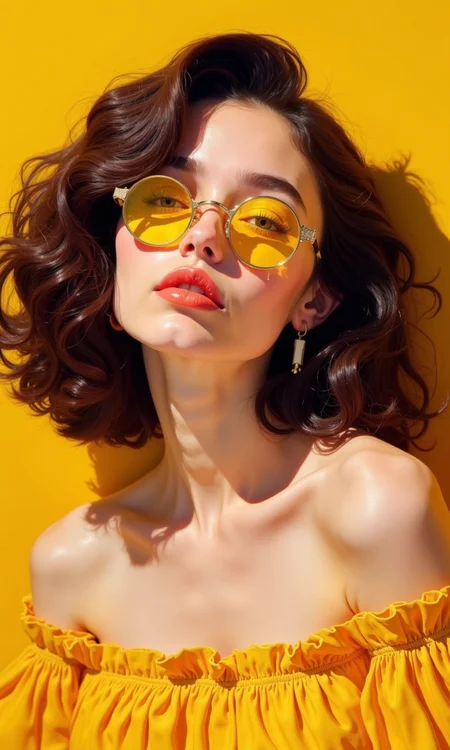 Close-up of a woman with dark brown, wavy hair and round, yellow sunglasses. 
The woman is positioned against a solid yellow background. Her face and upper torso are the central focus.  Her skin appears smooth and light-toned. 
She has a soft, slightly lifted expression, and her lips are painted with a vibrant, coral-toned lipstick. Her eyes are visible beneath the sunglasses.
The sunglasses are round and yellow, with gold-toned rims and a noticeable frame.  
The woman is wearing a loose, yellow, off-the-shoulder top with a ruffled or pleated design. The fabric looks like a type of soft, flowing silk or chiffon. The fabric texture is visible; the pleats and folds are apparent.
The lighting highlights the woman's features and creates a warm, slightly soft glow. The yellow background contrasts sharply with her skin and clothing, emphasizing her appearance. The image's overall aesthetic is fashion-oriented, possibly for a magazine or social media.
<lora:FLUX-daubrez-DB4RZ-v2:1> DB4RZ, DB4RZ style painting