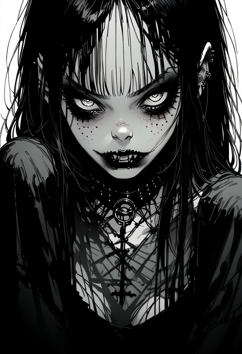 score_9, score_8_up, score_7_up, score_6_up, 1girl, m4ng4, gothic, vampire, horror, monochrome, comic,