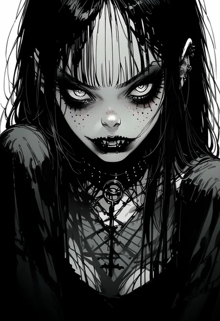 score_9, score_8_up, score_7_up, score_6_up, 1girl, m4ng4, gothic, vampire, horror, monochrome, comic,
