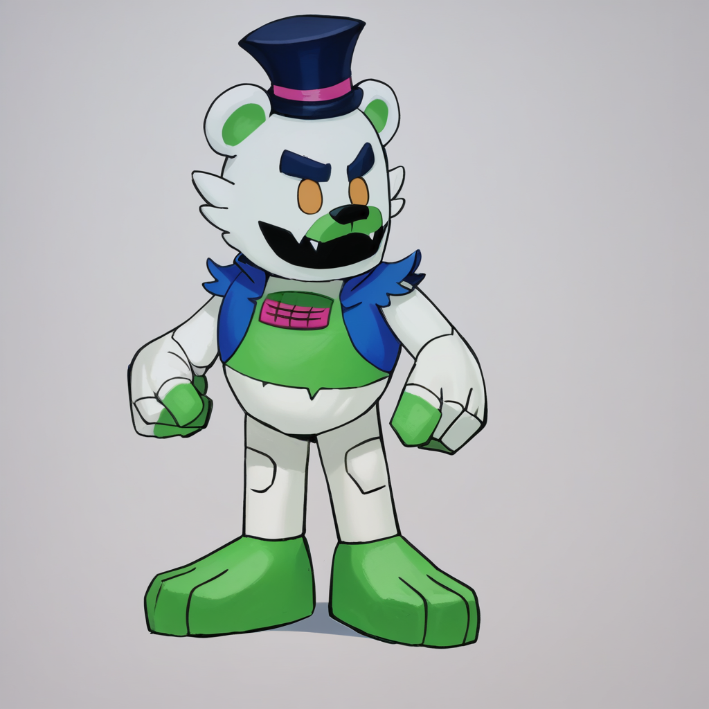 source_anime, colorful, score_9, score_8_up, score_8, (masterpiece), BREAK, 1boy, <lora:Jack-Frost-Maker-pdxl_Fp:1> jackfrostmaker, open mouth, creature, fang, full body, white skin, no humans, chibi, <lora:saucebear_ponyxl-10:1.4>  (saucebear), blue hat, bear ears, yellow eyes, white fur, green chest, blue vest. simple background,