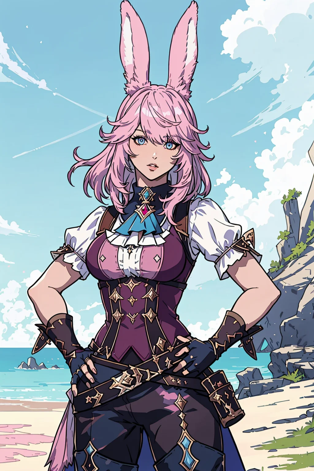 FFXIV_Viera, 1girl, solo, looking at viewer, bangs, blue eyes, gloves, animal ears, jewelry, pink hair, outdoors, belt, fingerless gloves, medium hair, rabbit ears, hand on hip, ascot, heterochromia, viera, masterpiece, official art, best quality, <lora:FFXIVViera:0.7>