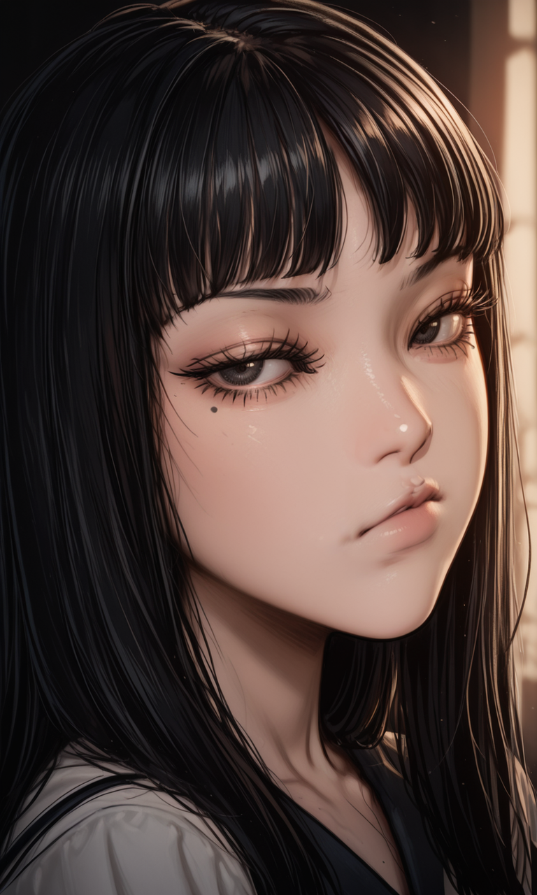 1girl, tomi3, black hair bangs, close-up, mole, eyelashes, mole, annoyed, narrowed eyes, pursed lips, eyelashes, dramatic lighting, dark lighting, contrast lighting, looking at viewer, embedding:IllustriousQual, embedding:Smooth Quality, 1girl, tomi3, black hair bangs, close-up, mole, eyelashes, mole, annoyed, narrowed eyes, pursed lips, eyelashes, dramatic lighting, dark lighting, contrast lighting, looking at viewer, embedding:IllustriousQual, embedding:Smooth Quality,<lora:MoriiMee_Gothic_Niji_Style_Illustrious_r1.safetensors:0.2:0.2> <lora:tomi3.safetensors:1:1>