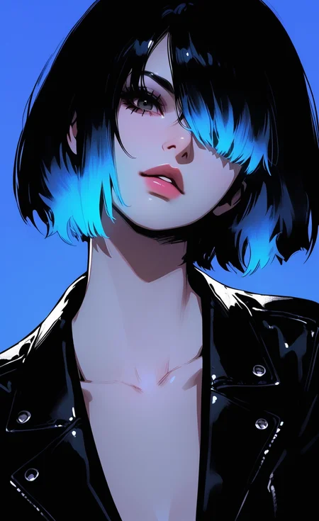 masterpiece, best quality, amazing quality, highres,
1girl, solo, looking at viewer, short hair, simple background, black hair, blue hair, jacket, collarbone, upper body, parted lips, hair over one eye, black eyes, black jacket, eyelashes, lips, (head tilt:1.2), makeup, blue background, eyeshadow, nose, realistic, leather, leather jacket, mascara, GTHAN, glowing, xxx667_illu, <lora:illustriousXL_stabilizer_v1.23:0.3> <lora:NOOB_vp1_detailer_by_volnovik_v1:0.3> <lora:ponyv6_noobE11_2_adamW-000017:0.45> <lora:XXX667:0.45> <lora:GTHAN-IL:0.75>