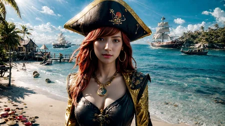 (young redhead pirate woman), (portrait), sharp focus, (ultradetailed), (standing), (happy) smile, pirate (ship galleon:1.2, hoop earrings, gold medallion, Sweet Pinkpirate clothes, pirate hat, hips, (pirate parrot:1.2), pirate (village), leafy beach coast, (treasure chest with coins, gems and jewels:1.2), rum barrel, best quality masterpiece, bright sunny sky, backlight, natural lights, high contrast, hdr, shadows, pretty, beautiful, feminine, sexy, adorable, lovely, in love, (PirateDiffusionprt:0.5), <lora:Pirate:0.3> PrateT <lora:PirateRealms:0.3> <lora:Detail Tweaker LoRA add_detail:0.8> <lora:depth_of_field_slider_v1:5> <lora:SDXLrender_v2.0:0.9>