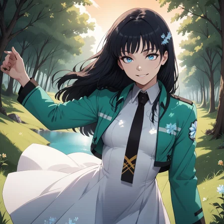 score_9, score_8, BREAK, solo, Shiba Miyuki, long black hair, dark blue eyes, snowflake hair ornament, yellow x hair ornament, school uniform, white long dress, sea-green cropped open jacket with long sleeves, black necktie, sexy pose, self portrait, smile, outdoors, sunlight, shadows, evening lighting, natural lighting, forest, trees, grass, orange sky, sunset