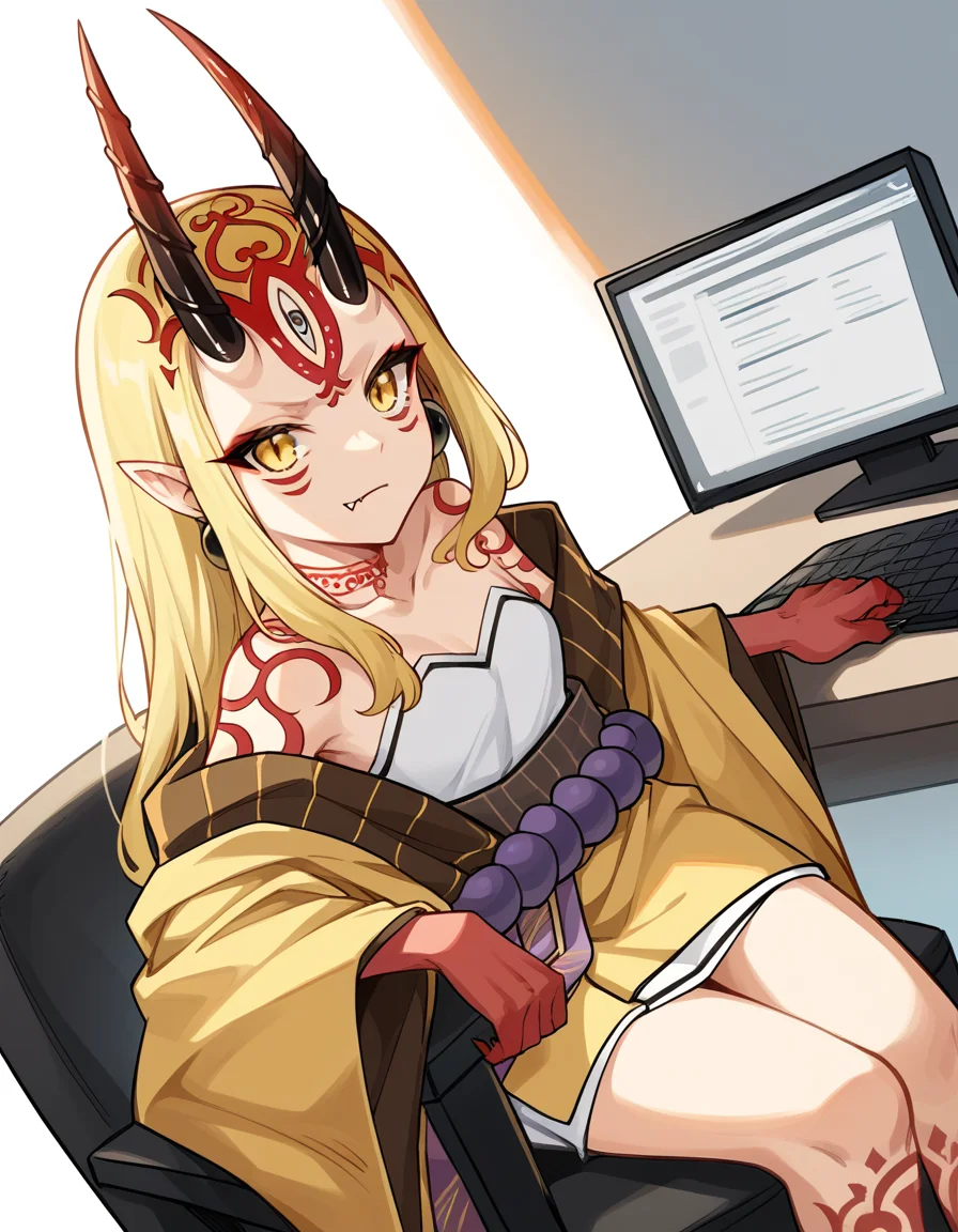 score_9, score_8_up, score_7_up, source_anime, <lora:fgo-ibaraki-douji-ponyxl-lora-nochekaiser:1>, ibaraki douji, blonde hair, facial mark, fang, forehead, horns, long hair, oni, oni horns, pointy ears, yellow eyes,, earrings, japanese clothes, jewelry, kimono, leg tattoo, neck tattoo, oni, oni horns, shoulder tattoo, tattoo, yellow kimono,, home office, working from home, computer screen, coffee cup, focus, deadline, , , arm resting on back of chair, solo,, cowboy shot, dutch angle
