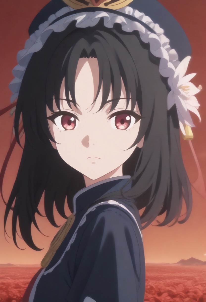 1girl, solo, solo focus, highres, absurdres, shikieiki, 
looking at viewer, head tilt, from side, 
red spider lily, flower field, night sky, red sky, dark, red theme,