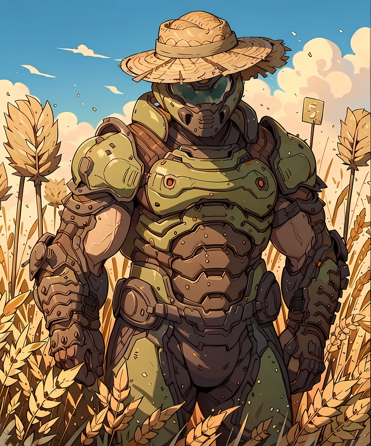 <lora:Doom_Slayer:0.8> doom_slayer, standing, looking at viewer, armor, straw hat, farmer, wheat field, sunny, daytime, helmet
