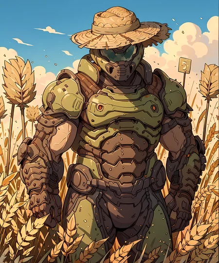 <lora:Doom_Slayer:0.8> doom_slayer, standing, looking at viewer, armor, straw hat, farmer, wheat field, sunny, daytime, helmet