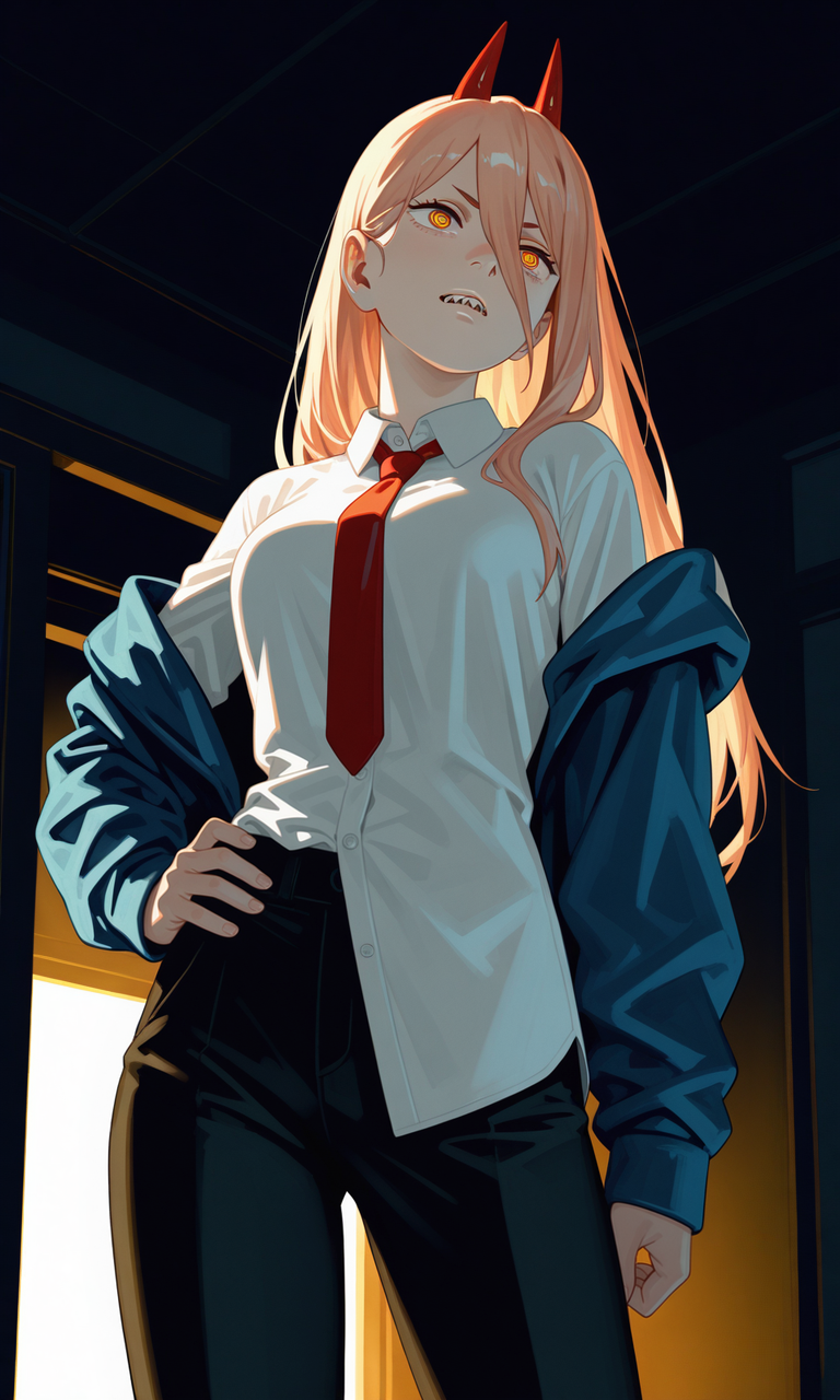 embedding:IllusP0s, sa1t, painterly, power_\(chainsaw_man\), horns, yellow eyes, sharp teeth, parted lip, white shirt, blue jacket, off-shoulder, red tie, untucked shirt, black pants, one hand on hip, contrast lighting, dark room, low angle, from below, head tilt, night,<lora:sait.safetensors:1.3:1.3>