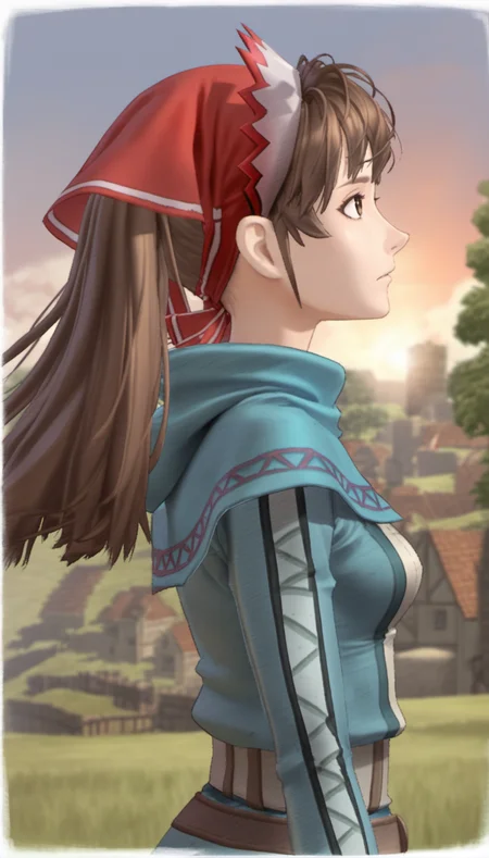 score_9,score_8_up,score_7_up,
<lora:aliciamelchiott:0.9>,
aliciamelchiot,
realistic,
1girl,solo,
brown hair,twintails,
brown eyes,looking up,
headdress,squad leader outfit,brown belt,blue high-collar,brown gloves,
portrait,from side,
blurry background,bloom,lights particle,outdoors,countryside,wind,vignetting,particle effects,lens flare,sunset,warfare,