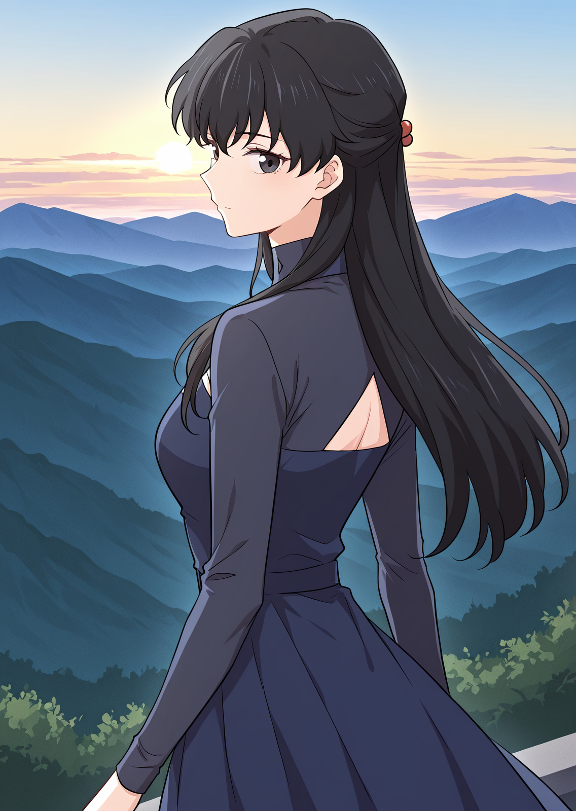 <lora:Immortal_Swordsman_In_The_Reverse_World__Jiang_Lian:1>
1 girl, solo,long black hair, straight hair, bangs, hair bun, black eyes,
dark blue dress, long sleeves, high collar, triangular cutout, modest dress, feminine outfit, waist-length dress, fitted top, simple design,
score_9, score_8_up, score_7_up, source anime, BREAK, cowboy shot, (from side), looking back, looking at viewer, overlooking mountain, high altitude, scenery, exterior, background