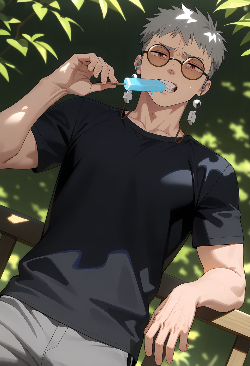 <lora:Fujimoto_Shiro_Blue_Exorcist__Ao_No_Exorcist__éã®ç¥é­å¸«_v2_NAI:1>,
anime screenshot,
fsh1r0,grey hair,red eyes,1boy,male focus,solo,round eyewear,glasses,fsh1r0_eyewear_strap,(muscular male:0.6),black shirt,looking at viewer,popsicle in mouth,teeth,holding,eating,facing viewer,furrowed brow,cowboy shot,in shade,arm rest,dutch angle,depth of field,masterpiece,best quality,amazing quality,absurdres,highres