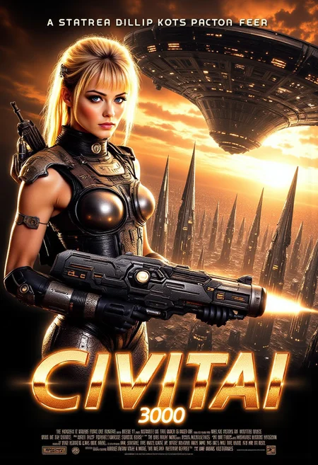 ArsMovieStill, A movie still from the year 3000s, A sci-fi blockbuster movie poster featuring a close up full body shot of an attractive woman. She covers the left side of the image. She has blonde medium hair and blue eyes wearing an ornate sci-fi hi-leg bodysuit but no helmet. Her body suit is dark and metallic, features intricate details showing her noble origin and fitting tightly to accentuate her perfect curves. She is holding a sci-fi battle rifle with a serious expression and looking at viewer nervously. Her rifle looks bulky and elongated featuring a matte-black and metallic surface adorned with geometric patterns and designs, and a big barrel. The right side of the image is a vast sprawling futuristic cityscape with enormous skyscrapers and tall buildings, illuminated by the fiery orange glow of the setting sun. A massive futuristic spaceship floats above the city. The ship's surface is dark metallic and covered with numerous lights and intricate mechanical details. The movie title 'CivitAI 3000' written at the bottom of the image in glowing sci-fi font with shiny metallic texture. Production credits written below the movie title. aidmatextimprover