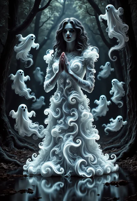 aidmafluxpro1.1,
A pale woman is wearing a glowing dress made of ghosts. she has a pale skin, detailed blue eyes and red lipstick. She's praying to the idol of a dark cult. The scene is set in a dark twisted forest where swirly ghosts are flying around here.
masterpiece, best quality