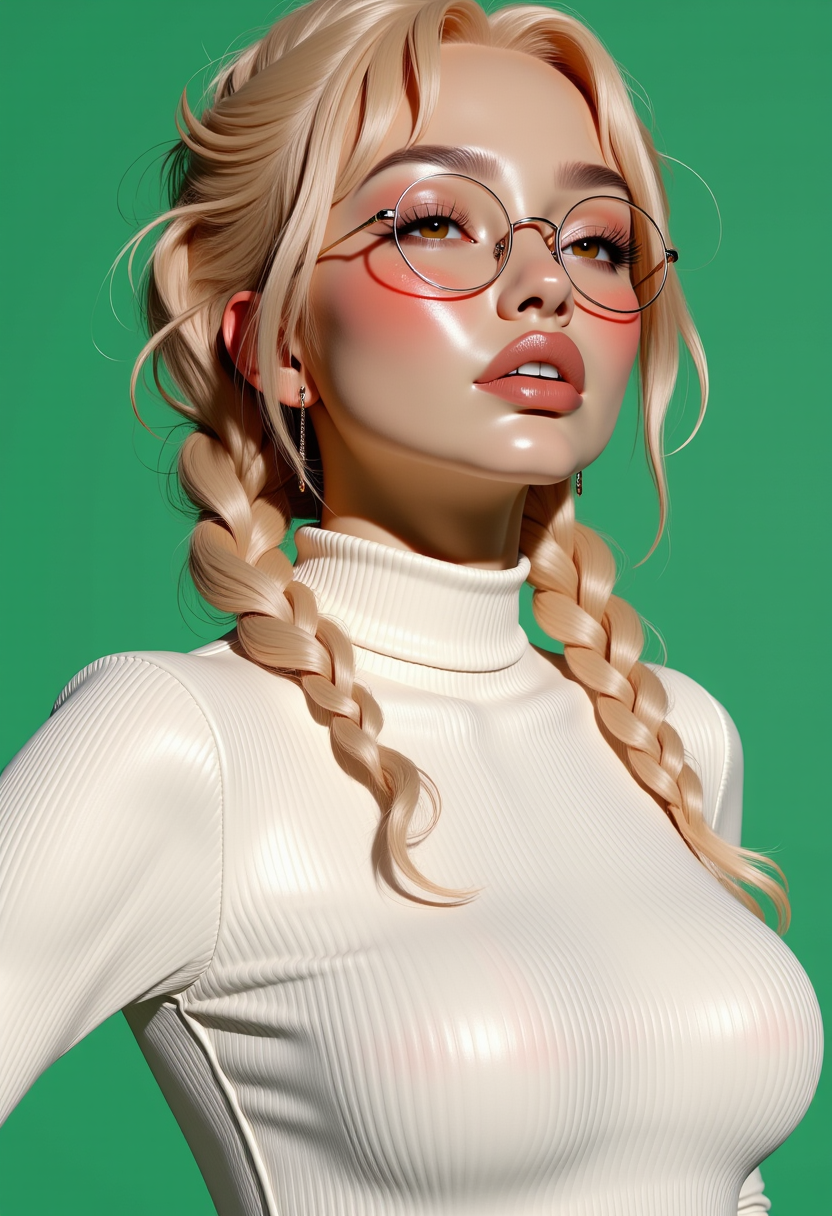 Headshots,masterpiece, a beautiful woman,Hyperrealistic, she is smiling, dynamic angles, multiple angles, photoshoot poses; A photo of Blossom-V1, a woman with blonde hair, she is wearing glasses,she has massive breasts, a beautiful girl,she is wearing a white turtleneck sweater.she has massive breasts, she has piercing eyes. a dynamic pose and a sense of action. simple green background, and the lighting is soft, creating a dramatic effect, creating a focused and dynamic pose.; the scene is set in a beautiful well-lit environment, with a sense of action and adventure. Style: realistic hyper-detailed rendering, 32k UHD, expressive eyes, punk, graphic design, girl's face, pretty and cute, gleaming lips, telling a tale of adventure. Exuding confidence and serenity. The overall mood of the image is happy and relaxed, detailed skin texture,(blush:0.2),(goosebumps:0.3), subsurface scattering,with a playful and whimsical tone,perfect hand, hand, detailed hand,niji style,retro50s_style,