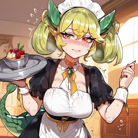 score_9, score_8_up, score_7_up, score_6_up, score_5_up, score_4_up, Expressiveh, 1girl, beautiful, sexy, cute, highres image, masterpiece, perfect eyes, perfect face, BREAK source_anime, best quality, masterpiece, 
1girl, solo, Parlor Dragonmaid, horns, tail, green hair, maid, standing,
(((holding two trays:1.3))), food on the trays, embarrassed, clumsy, Circular shaped with wavy border, Q 8Q, mouth trembling, trying to balance, sweat, (((body hanging to the side))), food falling from the tray
 <lora:Parlor_XL_2:1>
