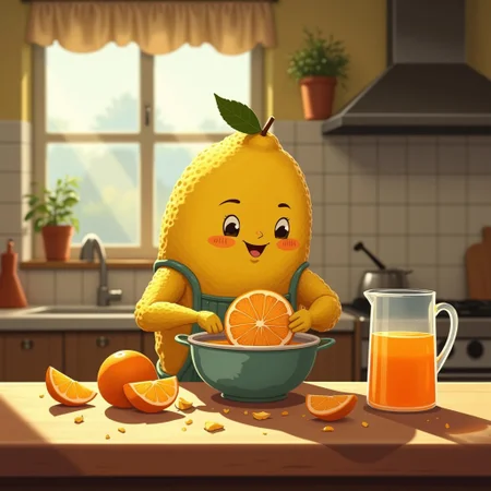 Imagine a professional photo of a cozy, vintage-style kitchen where an anthropomorphic lemon stands at the countertop, hard at work. This cheerful lemon character has a bright yellow peel with textured, bumpy skin, adding a touch of whimsy. He’s wearing a tiny apron to protect himself from juice splatters as he strains fresh oranges, making a vibrant orange juice. His expression is focused and content, with a hint of a smile, as he squeezes an orange half with all his might.
The kitchen background is warm and inviting, with retro tile backsplash, potted herbs on the windowsill, and sunlight streaming through, casting soft, warm shadows. The countertops are sprinkled with orange peels, and small drops of juice glisten on the lemon’s apron. A pitcher nearby is gradually filling with bright orange liquid, emphasizing the rich, juicy colors. The scene captures a charming contrast between the industrious lemon and his work, creating a heartwarming, playful atmosphere filled with warmth and nostalgia, retro_anime