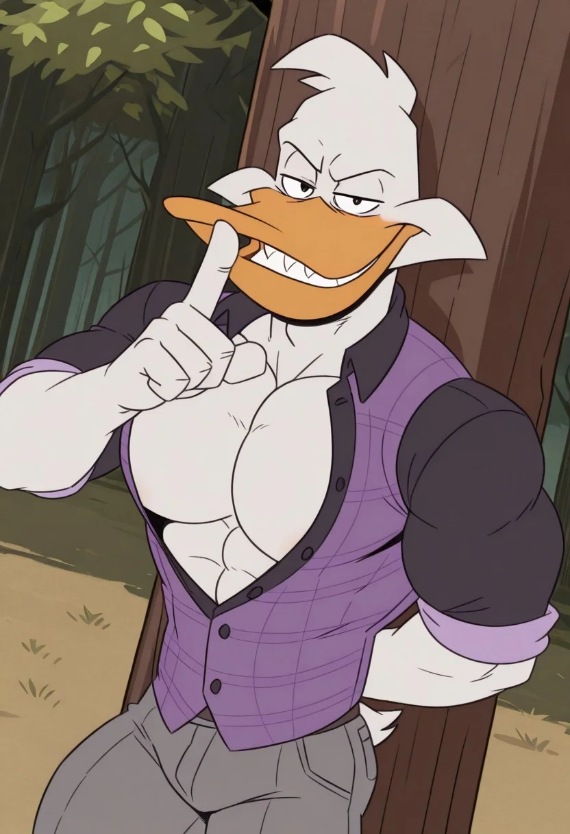 solo, 1boy, male focus, bara, furry, muscular, DM, Duck, white feathers, yellow Beak, Duck feet, anthro, smug, sexy smile, evil smug, grin, evil grin, wide grin, predatory grin, evil face, Intimidating face, shushing, purple vest, open vest, Black shirt, Open shirt, Unbuttoned shirt, gray pants, purple tie, bare Chest, bare Pecs, perfect anatomy, masterpiece, perfect quality, best quality, detailed, newest, very aesthetic, detailed muscle, muscular, big pecs, Thick Pecs, juicy pecs, detailed muscle, leaning against tree, Closer against tree, outdoors, grassy, dutch angle, perfect anatomy,