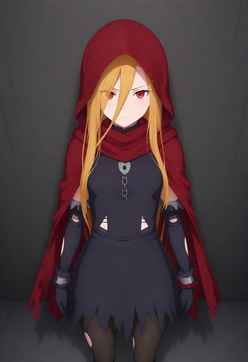 masterpiece, best quality, amazing quality,,, shiny skin,,,,,, <lora:Evileye:1> N4rb3r4lG4mm4, red eyes, blonde hair, very long hair, hair between eyes, torn clothes, hood, pantyhose, black dress, gloves, chain, hooded cloak, shackles,