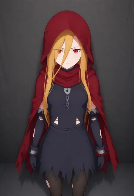 masterpiece, best quality, amazing quality,,, shiny skin,,,,,, <lora:Evileye:1> N4rb3r4lG4mm4, red eyes, blonde hair, very long hair, hair between eyes, torn clothes, hood, pantyhose, black dress, gloves, chain, hooded cloak, shackles,