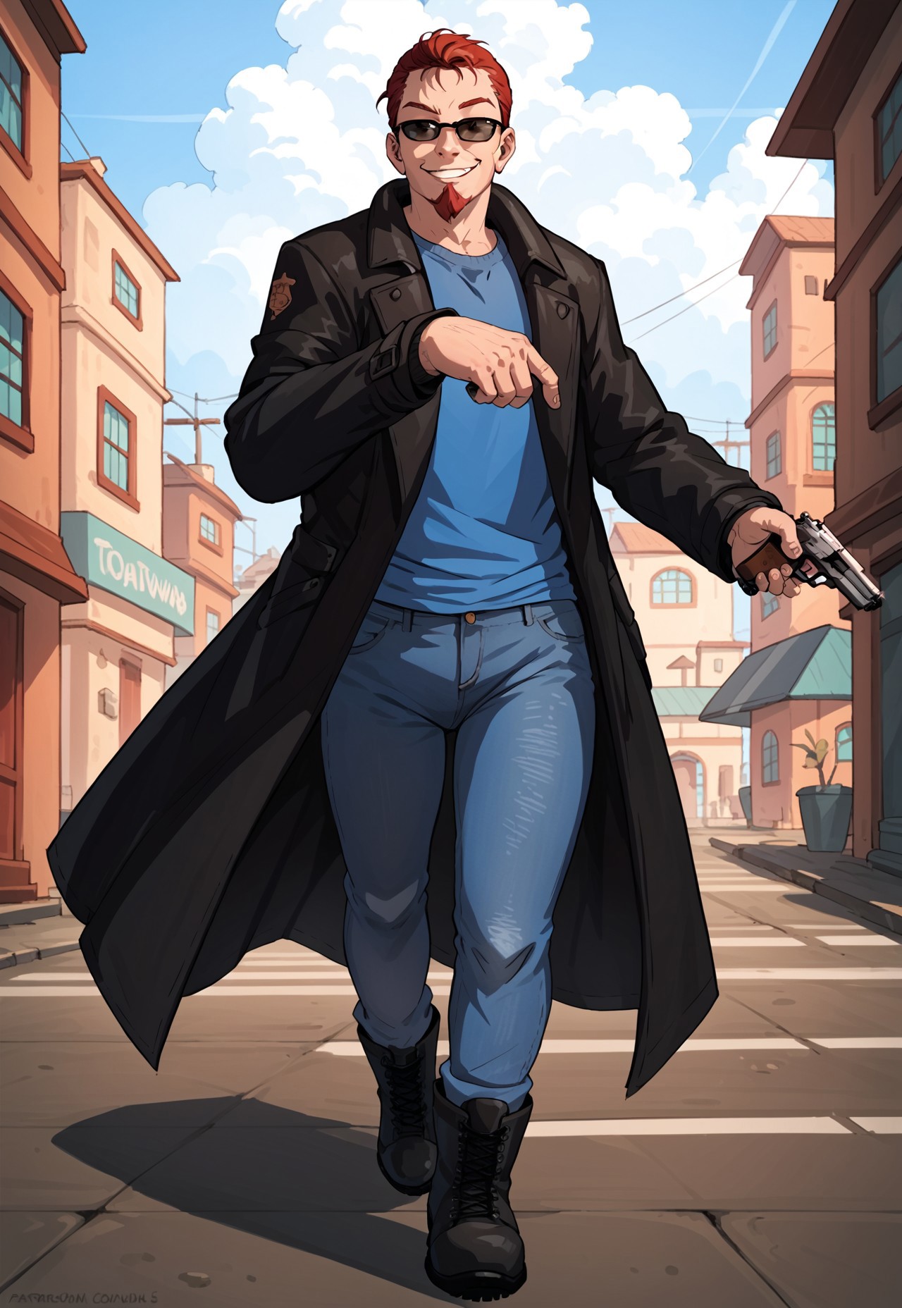 score_9, score_8_up, score_7_up, source_cartoon, solo, 1boy, post@l_dude, red hair, red goatee, black glasses, black coat, shirt, jeans, boots, running towards viewer, holding pistol, town, smirk,
