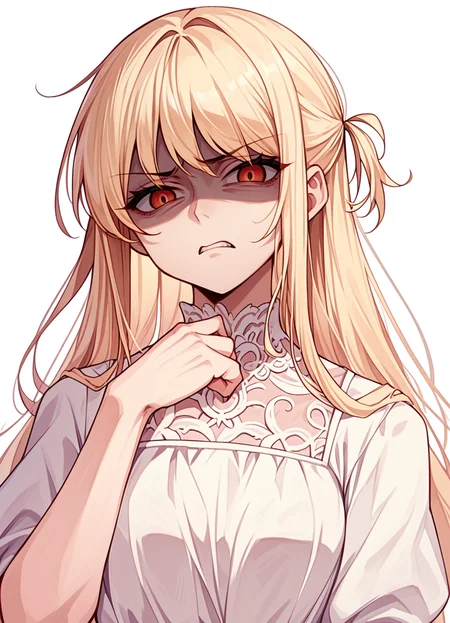 score_9,score_8_up,score_7_up,score_6_up, source_anime, <lora:disgusted_face_xl_goofy:1> disgusted face, solo, 1girl, looking at viewer, disgust, dress, upper body, white background , long hair, hair pulled back,shaded face,