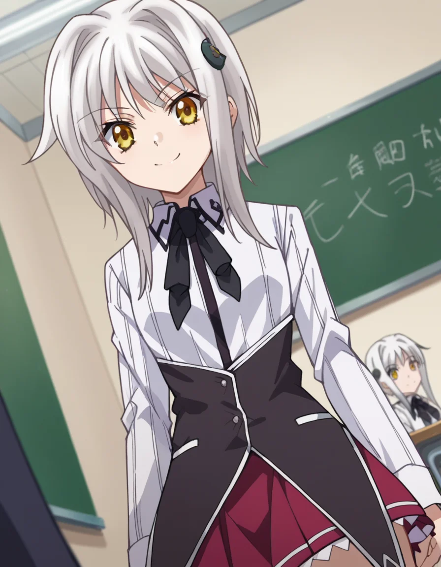 score_9, score_8_up, score_7_up, source_anime,
konekotoujou, <lora:koneko-toujou-ponyxl-lora-nochekaiser:1>,
koneko toujou, short hair, hair ornament, yellow eyes, white hair, smile,
skirt, school uniform, shirt, white shirt, collared shirt, neckerchief, black neckerchief, long sleeves, red skirt,
indoors, classroom,
looking at viewer, dutch angle, cowboy shot,